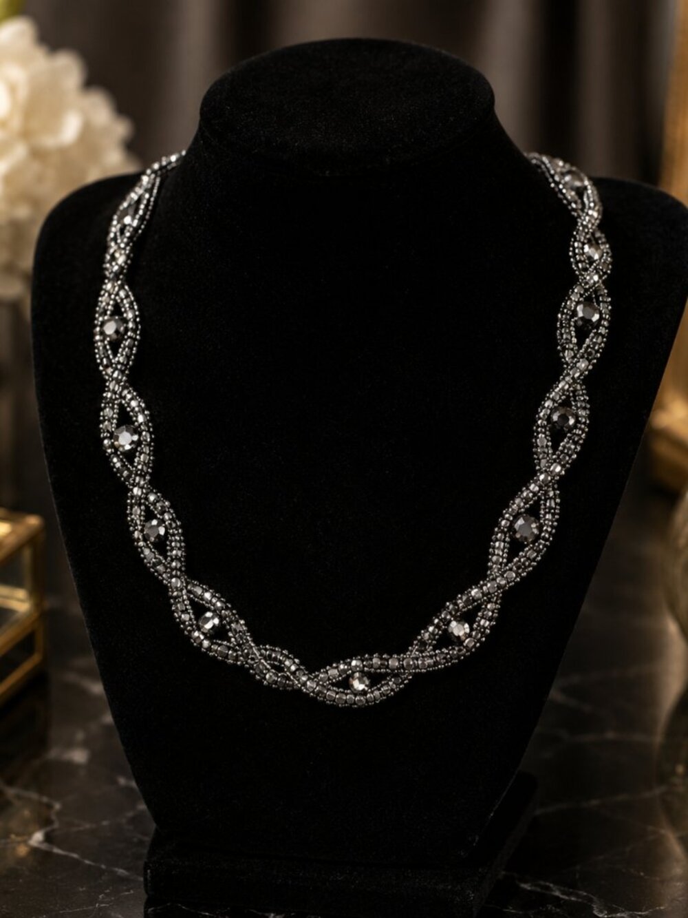 Gunmetal Crystal Beaded Statement Necklace – Braided Sparkle Evening Jewelry